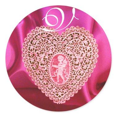 CUPID LACE HEART SILK FUCHSIA CLOTH , Pink Red Classic Round Sticker