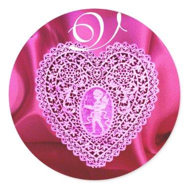 CUPID LACE HEART SILK FUCHSIA CLOTH , Pink Violet Classic Round Sticker