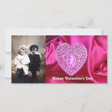 CUPID LACE HEART SILK FUCHSIA CLOTH , Pink Violet Holiday Invitations
