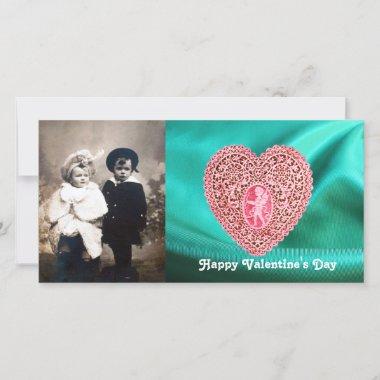 CUPID LACE HEART SILK GREEN BLUE CLOTH, Pink Red Holiday Invitations