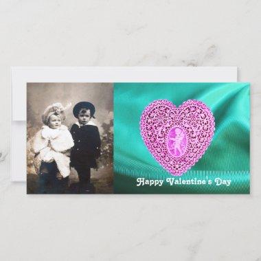 CUPID LACE HEART SILK GREEN BLUE CLOTH,Pink Violet Holiday Invitations