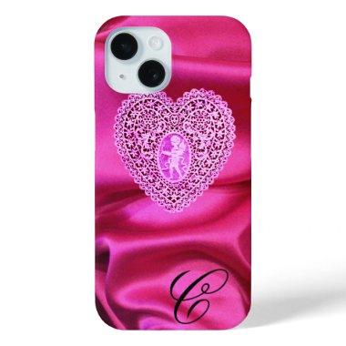 CUPID LACE HEART SILK PINK FUCHSIA CLOTH MONOGRAM iPhone 15 CASE