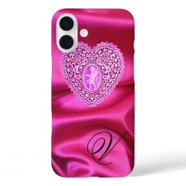 CUPID LACE HEART SILK PINK FUCHSIA CLOTH MONOGRAM iPhone 16 PLUS CASE