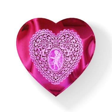 CUPID LACE HEART SILK PINK FUCHSIA CLOTH Valentine Paperweight