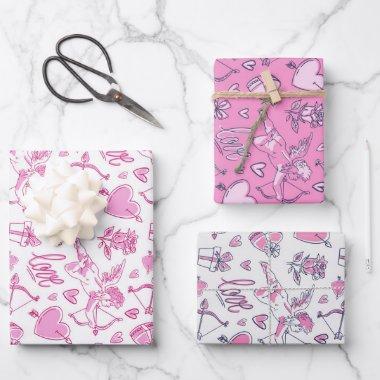 Cupid Love Heart Doodle Pattern Valentine's Day Wrapping Paper Sheets
