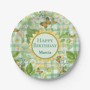 Custom Birthday Green Gingham Sunflower Butterfly Paper Plates