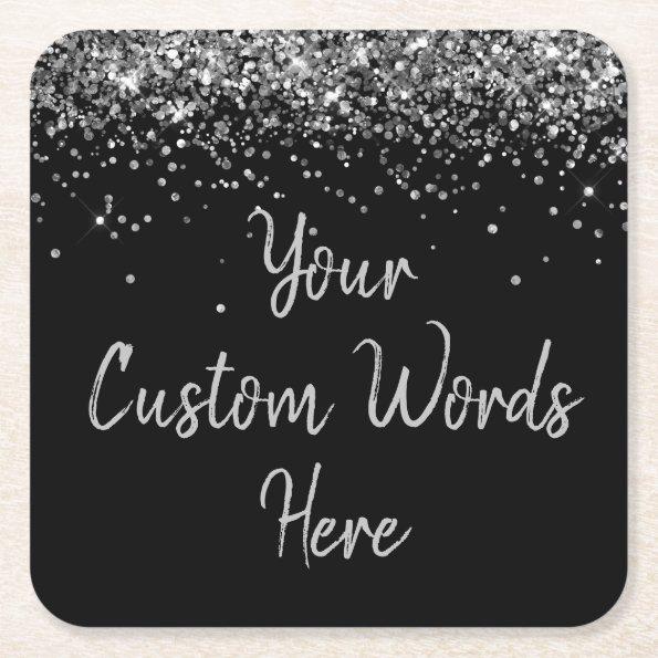 Custom Black Silver Birthday Party Favor Glitter Square Paper Coaster