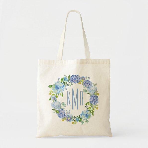 Custom Blue Floral hydrangea Monogram Tote Bag