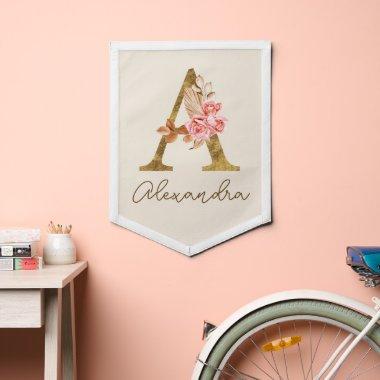 Custom Boho Pink Roses and Gold Letter A Monogram Pennant