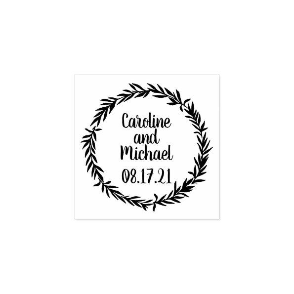 Custom Botanical Leaves Country Wreath Wedding Rubber Stamp