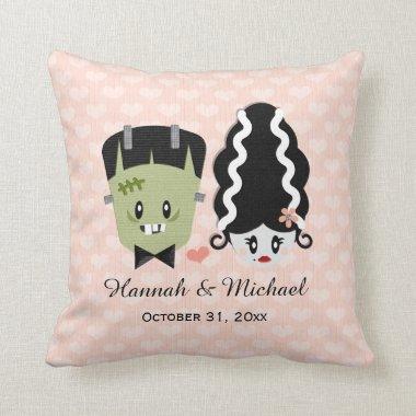 Custom Bride of Frankenstein and Monster Wedding Throw Pillow