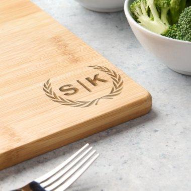Custom Couple Monogram with Laurel Leaves Engraved Cutting Board