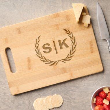 Custom Couple Monogram with Laurel Leaves Engraved Cutting Board