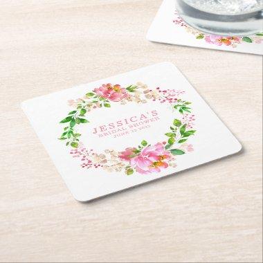 Custom Cute Pink Watercolor Flowers Shower Name Square Paper Coaster