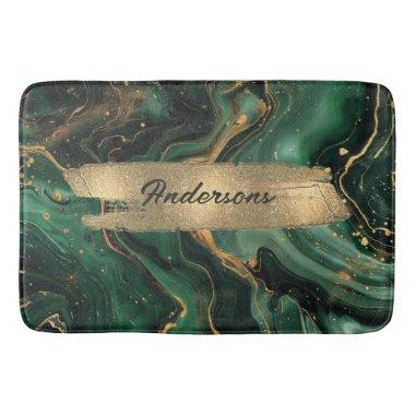 Custom Dark Green Black Gold Glitter Monogram Bath Mat