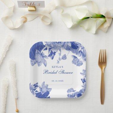 Custom Elegant Blue White Floral Chinoiserie Paper Plates