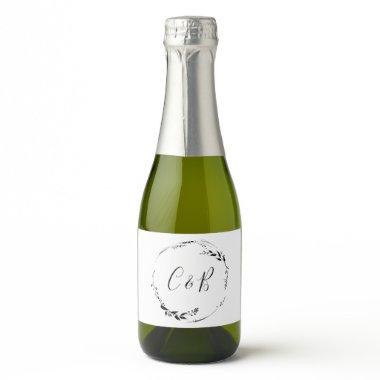 Custom Elegant Script Floral Black White Wedding Sparkling Wine Label