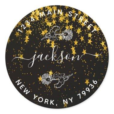 Custom Family Script Return Address gold stars Classic Round Sticker