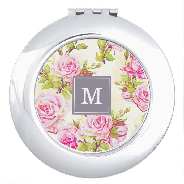 Custom Floral Pattern Old Rose Monogram Compact M Compact Mirror