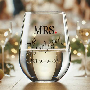 Custom Future Mrs Name Red Heart White Text Font Stemless Wine Glass