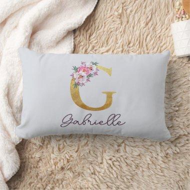 Custom Gold Foil Pink Roses Letter G Monogram Lumbar Pillow
