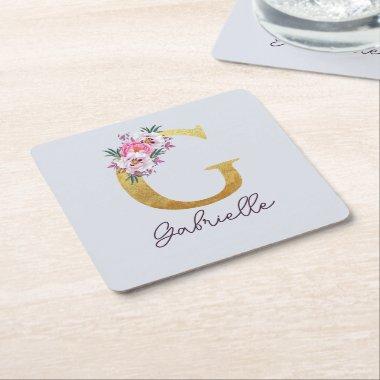 Custom Gold Foil Pink Roses Letter G Monogram Square Paper Coaster