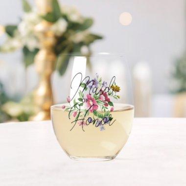 Custom Maid Of Honor Text On Flower Bouquet Stemless Wine Glass