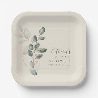 Custom Minimalist Gold Greenery Bridal Shower Paper Plates