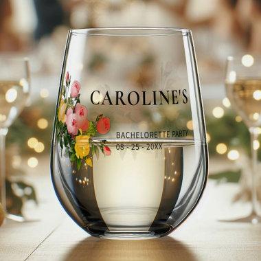 Custom Modern Floral Bride Bachelorette Party Date Stemless Wine Glass