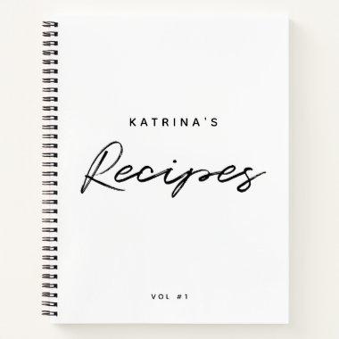 Custom Modern White Black Minimalist Script Recipe Notebook