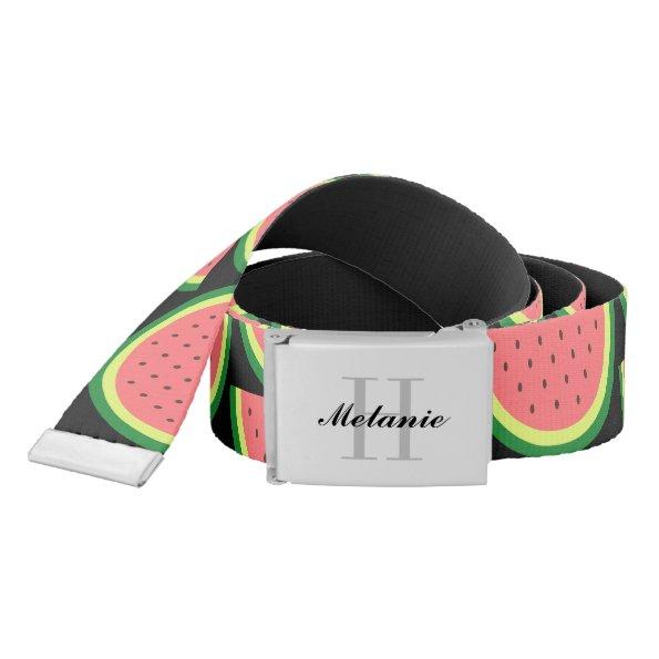 Custom monogram and watermelon pattern canvas belt