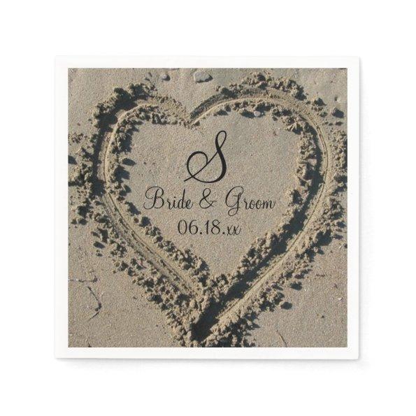 Custom Monogram Name Date Beach Wedding Sand Heart Napkins
