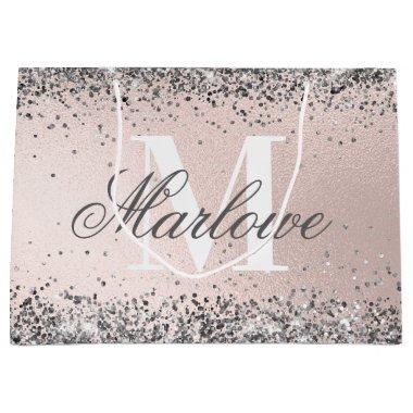 Custom Monogram Name Silver Glitter Blush Pink Large Gift Bag