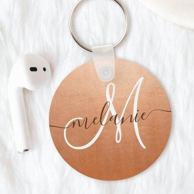 Custom Monogram Name Trendy Script Rose Gold Foil Keychain