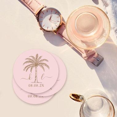 Custom Monogram Wedding Logo Palm Tree Round Paper Coaster