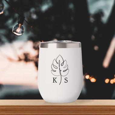 Custom Monstera Monogram Wedding Logo Thermal Wine Tumbler