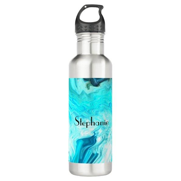 Custom Name Agate Gemstone Geode Art Blue Cool Stainless Steel Water Bottle