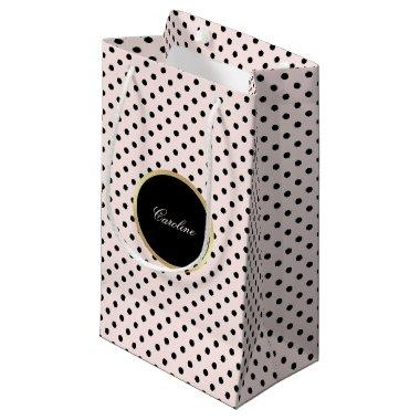 Custom Name Blush Pink | Black Polka Dot Pattern Small Gift Bag