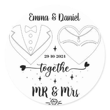 custom name bride and groom modern brush script classic round sticker