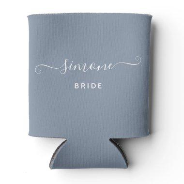 Custom Name Chic Script Wedding Bride Dusty Blue Can Cooler
