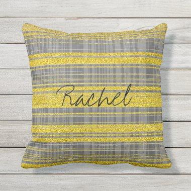 Custom Name Grey Stripes Golden Yellow Classy Cute Outdoor Pillow