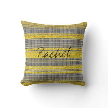 Custom Name Grey Stripes Golden Yellow Classy Cute Throw Pillow