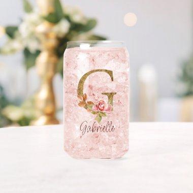 Custom Name Letter G Gold Foil Blush Pink Roses Can Glass