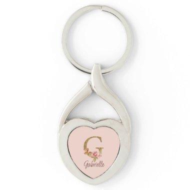 Custom Name Letter G Gold Foil Blush Pink Roses Keychain