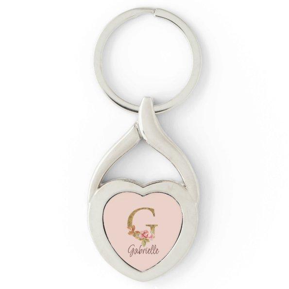 Custom Name Letter G Gold Foil Blush Pink Roses Keychain