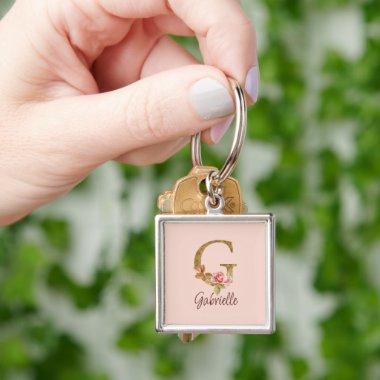 Custom Name Letter G Gold Foil Blush Pink Roses Keychain