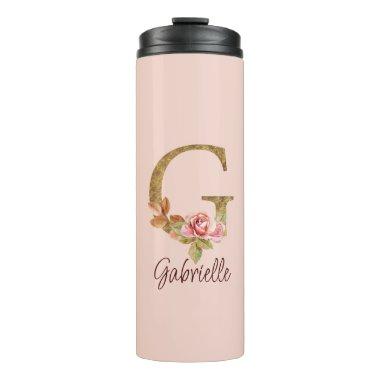 Custom Name Letter G Gold Foil Blush Pink Roses Thermal Tumbler