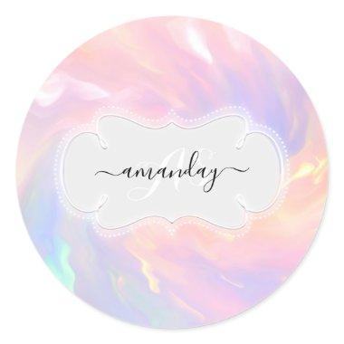 Custom Name Monogram Holographic Unicorn Pink VIP Classic Round Sticker