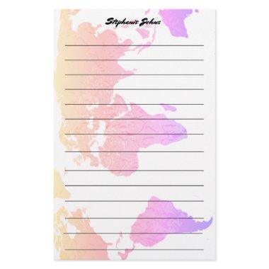 Custom Name Monogram Lined World Map Pink Artsy Stationery