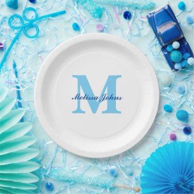 Custom Name Monograms Blue Birthdays Baby Showers Paper Plates